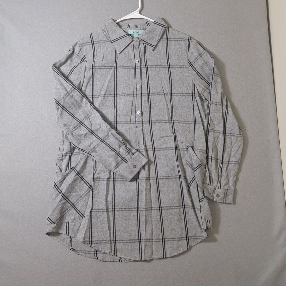 Karlie Tunic Windowpane Plaid Grey Small Roll Tab Sleeve Lightweight Pockets